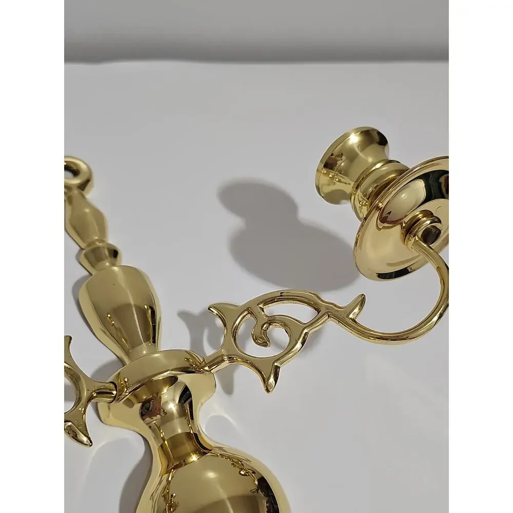 Solid Polished Brass Double Arm Wall Hanging Sconce Candle Holder Vintage